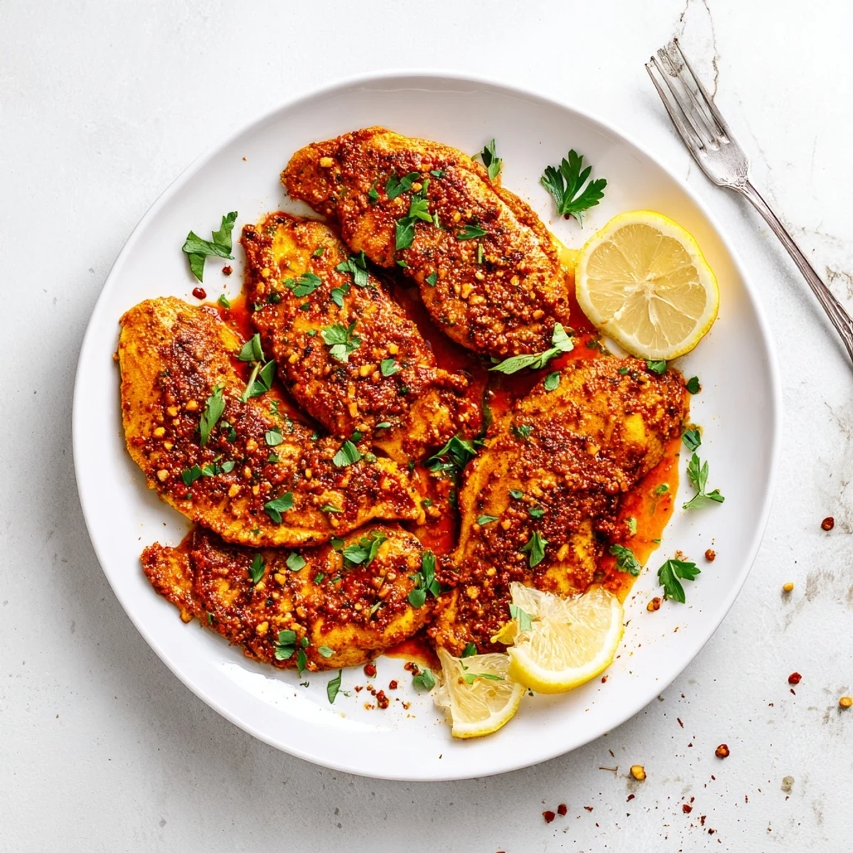 Oven-baked Chicken Diablo with thick red Diablo sauce coating seared chicken pieces