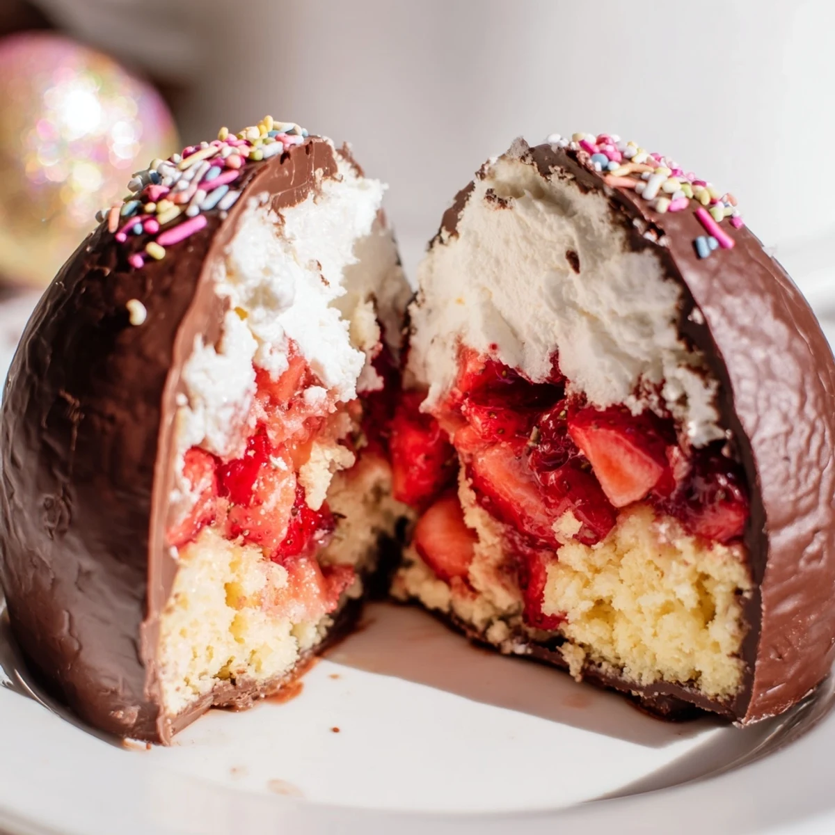 Golden chocolate Easter egg filled with fluffy shortcake, sweet strawberries and whipped cream