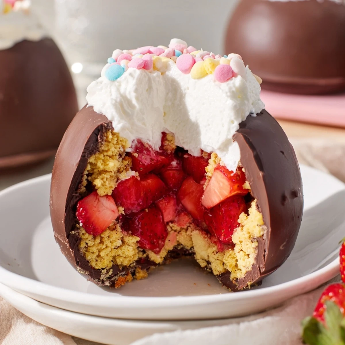 Decadent chocolate egg hiding layers of tender cake, fresh berries and vanilla whipped cream