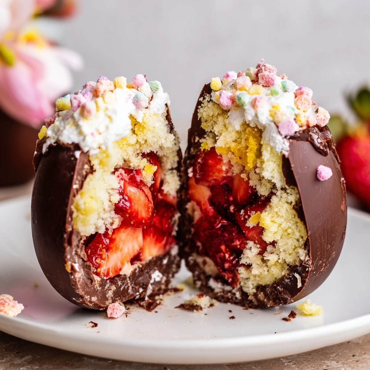 Festive strawberry shortcake Easter egg bombs with crisp shell and creamy fruit filling