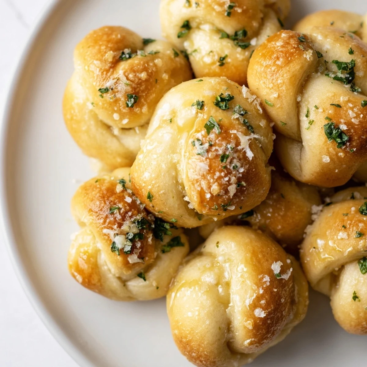 Golden gluten-free garlic knots brushed with melted butter and fresh parsley, sprinkled with Parmesan cheese on a white plate