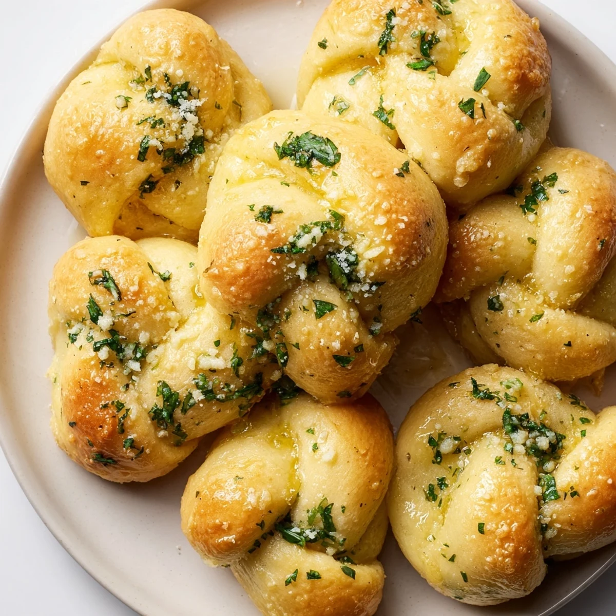 Warm gluten-free garlic knots glistening with garlic herb butter, garnished with chopped parsley and grated cheese for an Italian appetizer