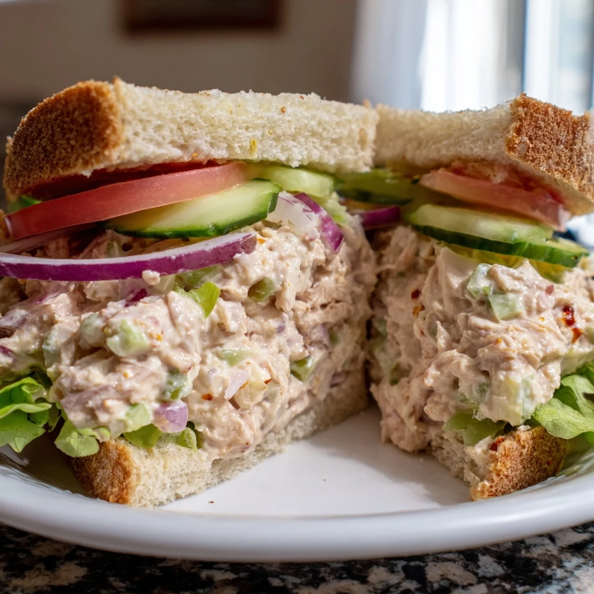 Cross-section of chicken salad sandwich featuring crisp vegetables and chili crisp spice on a roll