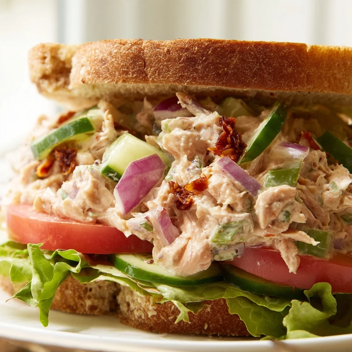 Layered chicken salad sandwich with tender chicken, cucumber slices, and spicy chili crisp topping