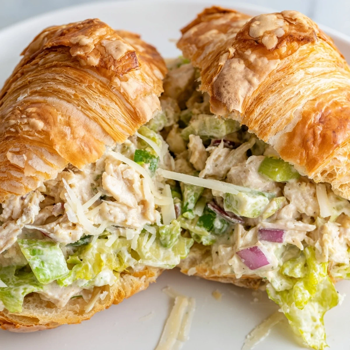 Golden buttery croissant stuffed with creamy chicken Caesar salad and crisp romaine lettuce halves