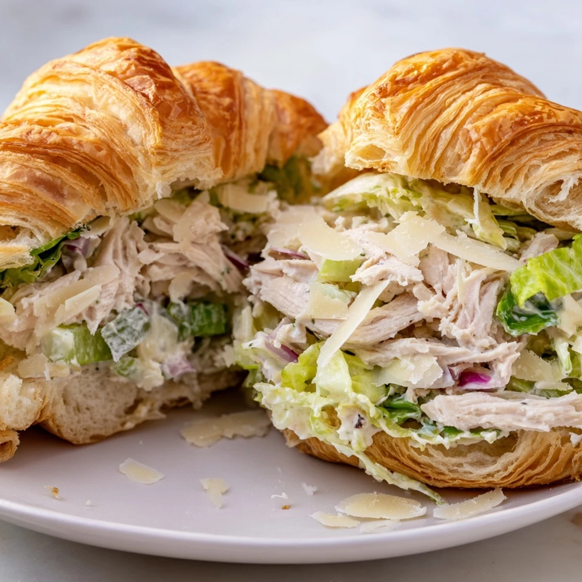 Flaky pastry sandwich filled with Caesar dressed chicken and fresh crunchy lettuce layers