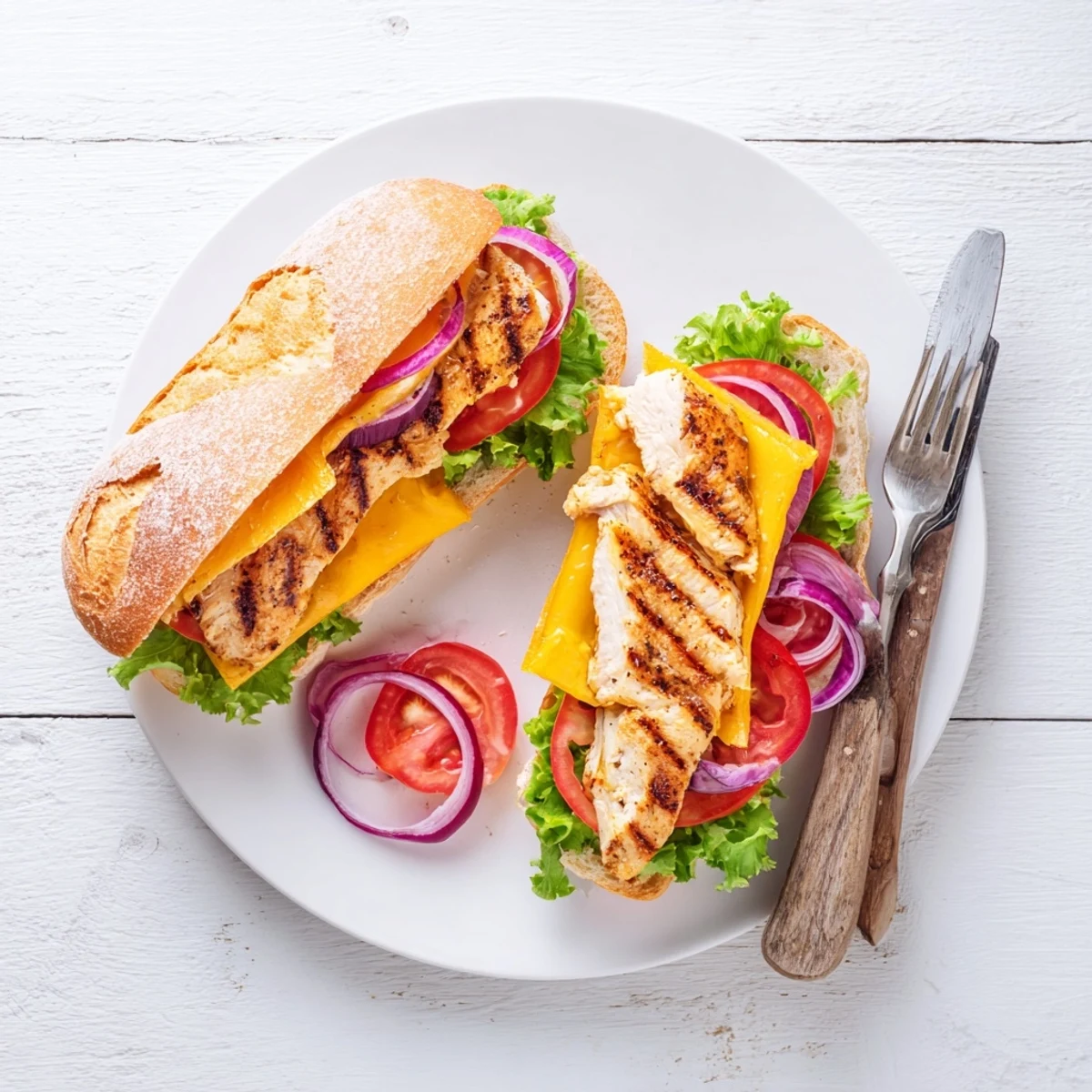 Golden melted cheddar atop juicy spiced grilled chicken breast served on toasted ciabatta roll with crisp lettuce and tangy mustard sauce