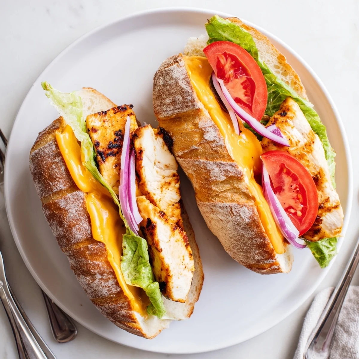 Delicious cheesy grilled chicken sandwich stacked with ripe tomato slices red onion and romaine on a warm toasted bun