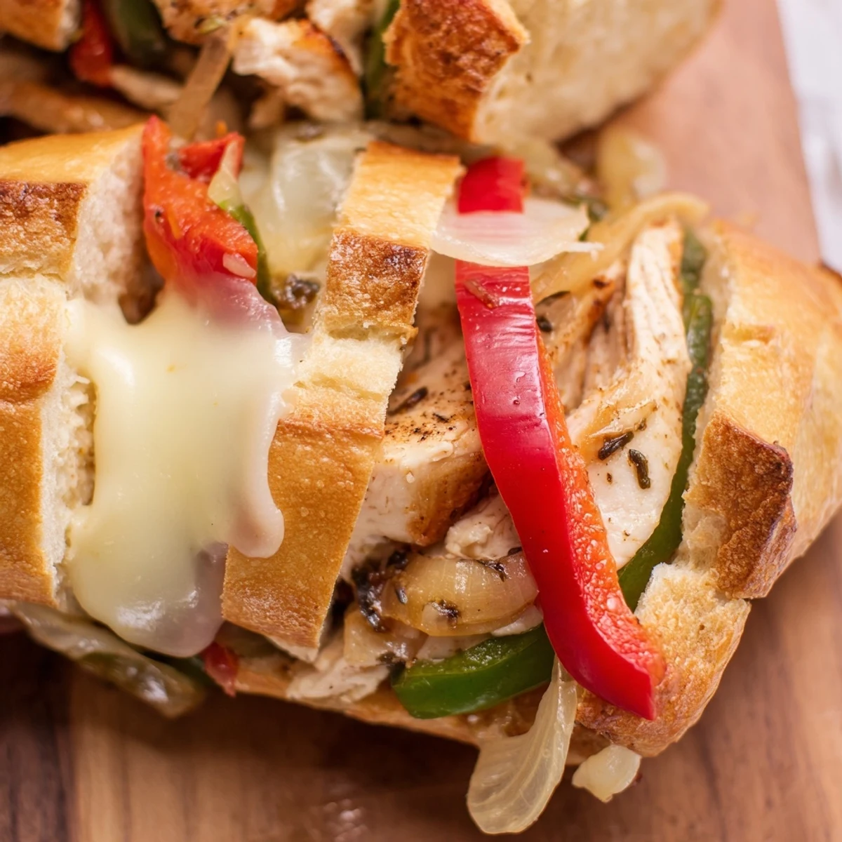 Golden chicken cheesesteak sandwich overflowing with melted provolone and sautéed colorful bell peppers