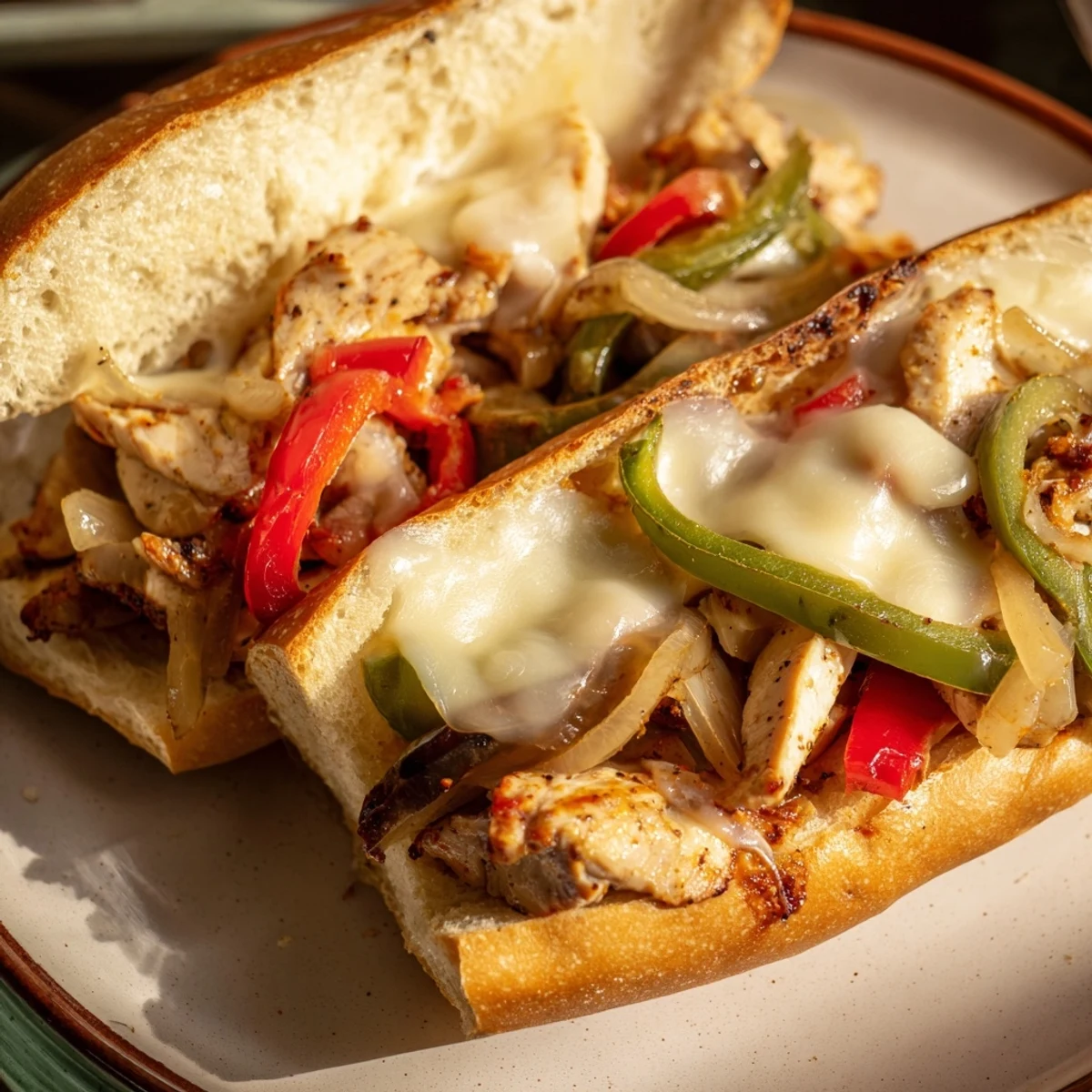 Toasted hoagie roll stuffed with seasoned chicken strips, caramelized onions, and gooey cheese