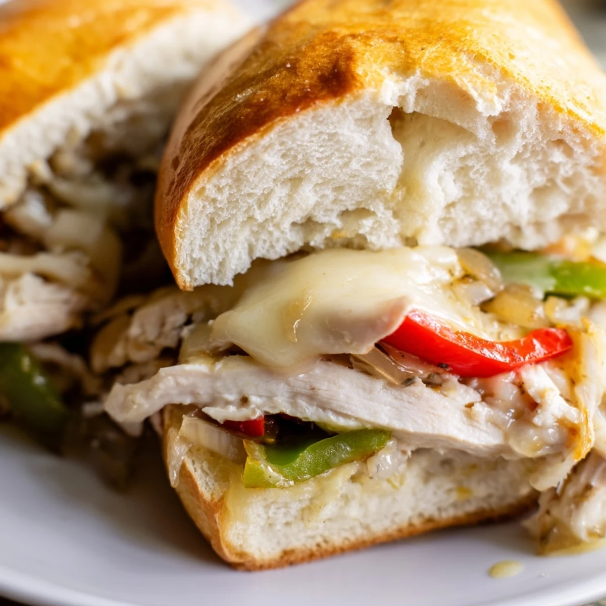 Hearty chicken cheesesteak sandwich featuring tender meat, vegetables, and melted provolone on golden bread