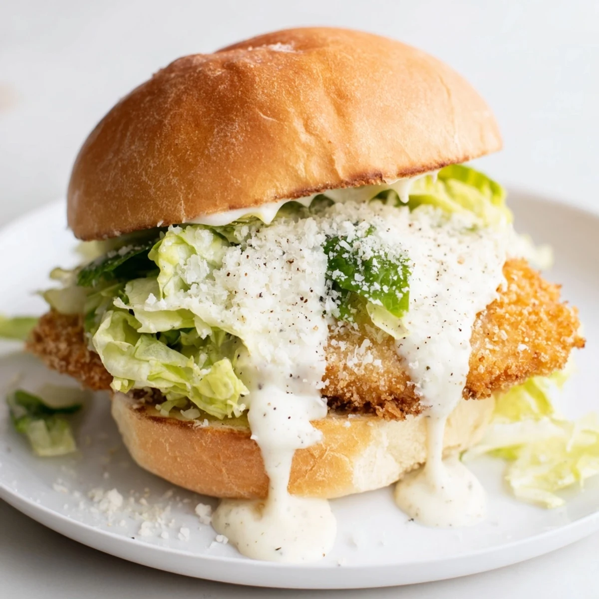 Golden brown crispy chicken breast layered with romaine and Caesar dressing on toasted brioche bun