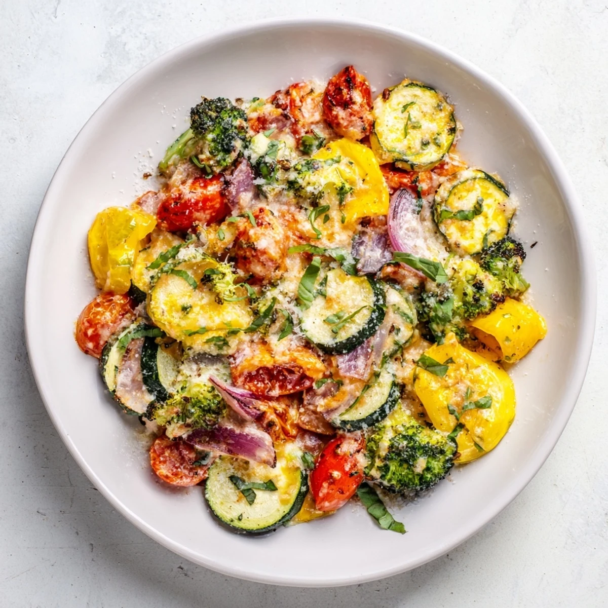 Colorful Marry Me roasted vegetable medley drizzled with creamy sun-dried tomato sauce and fresh basil
