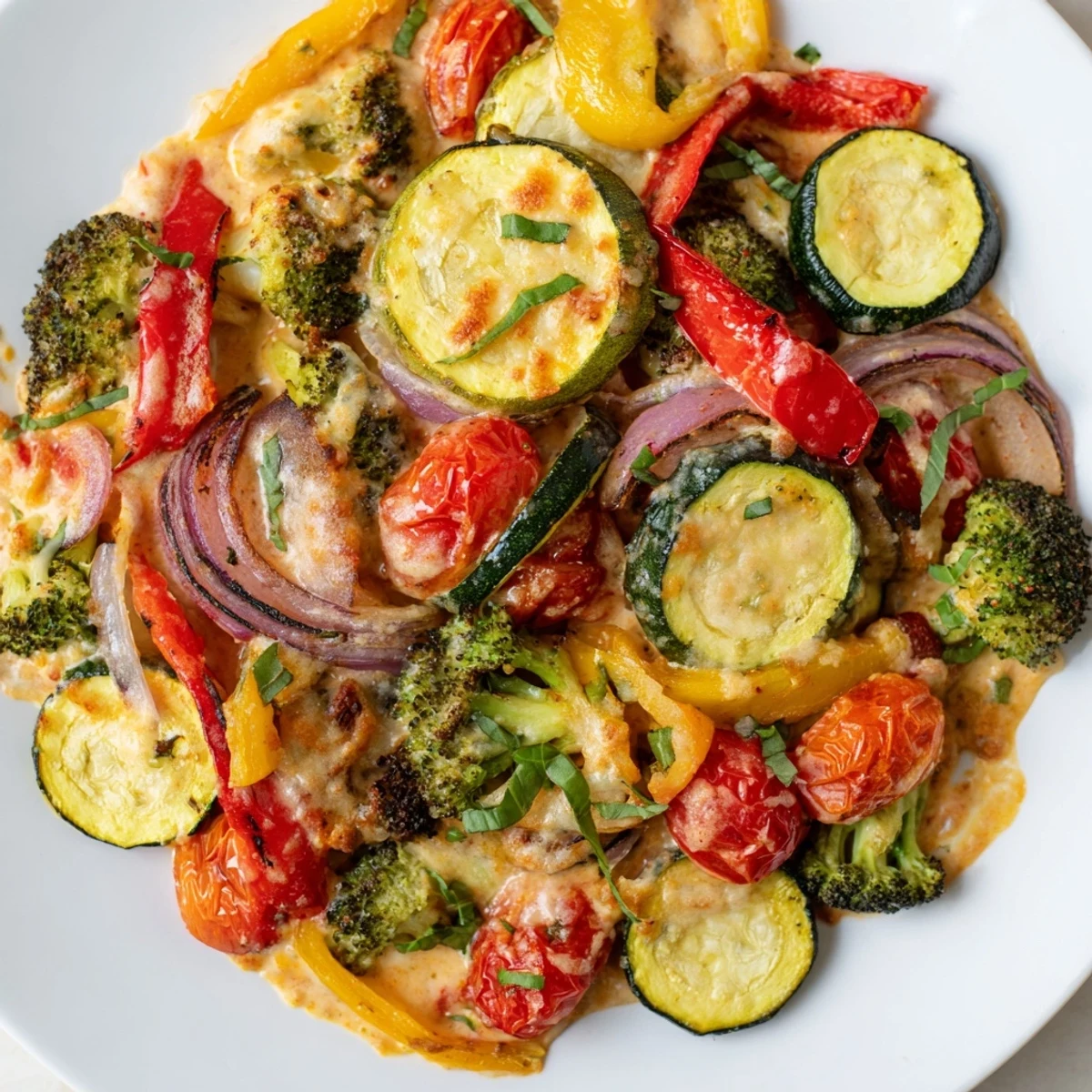 Golden oven-roasted Marry Me vegetable medley tossed in rich Parmesan cream sauce with vibrant peppers
