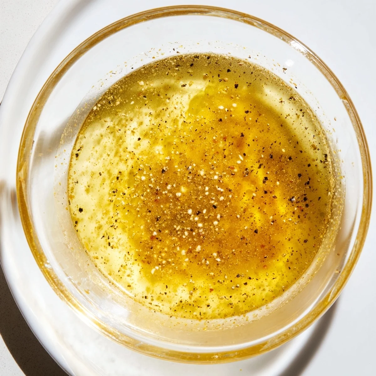 Bright honey lemon vinaigrette poured vibrant onto mixed greens with lemon wedge garnish