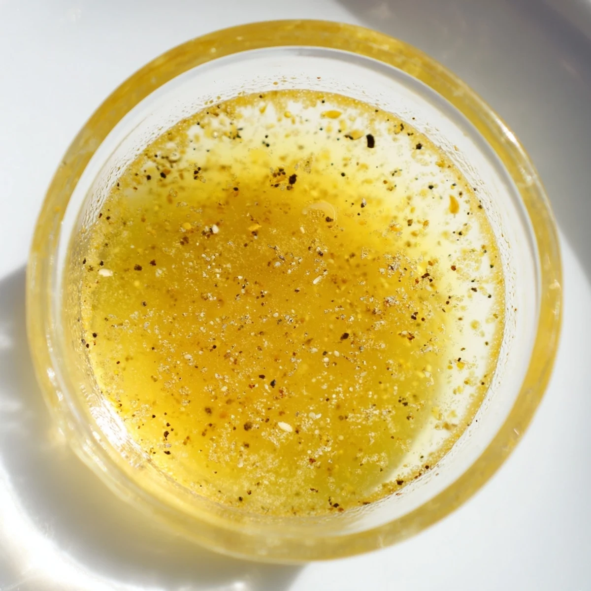 Creamy honey lemon vinaigrette dressing whisked in glass jar with honey dipper