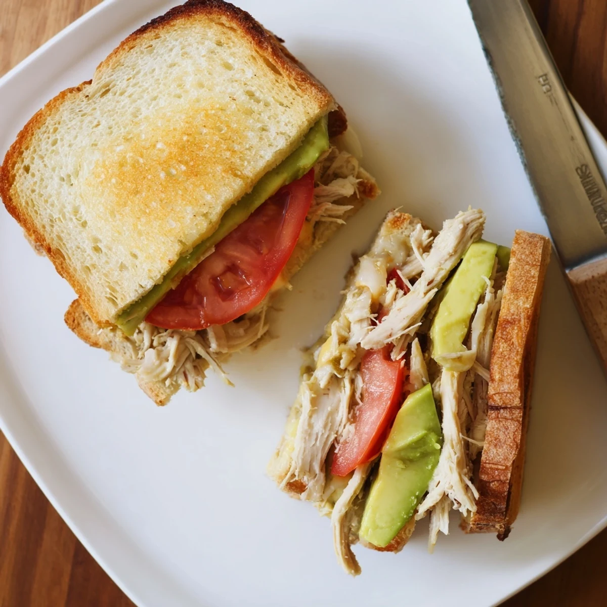 Warm Chicken Avocado Melt Sandwich served on a white plate with ripe avocado slices visible