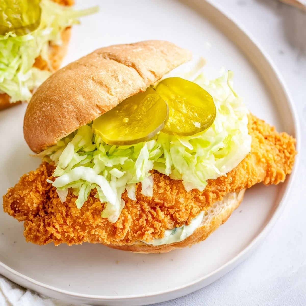 Golden brown crispy dill chicken sandwich layered with tangy pickles and shredded lettuce on a toasted brioche bun.