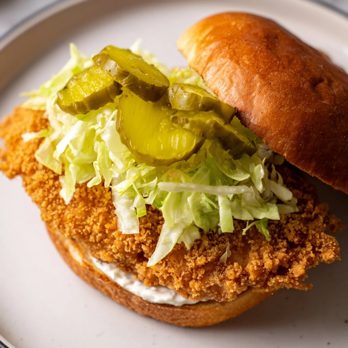 Handheld crispy dill chicken sandwich featuring crunchy fried chicken breast with creamy dill mayo and fresh dill garnish.