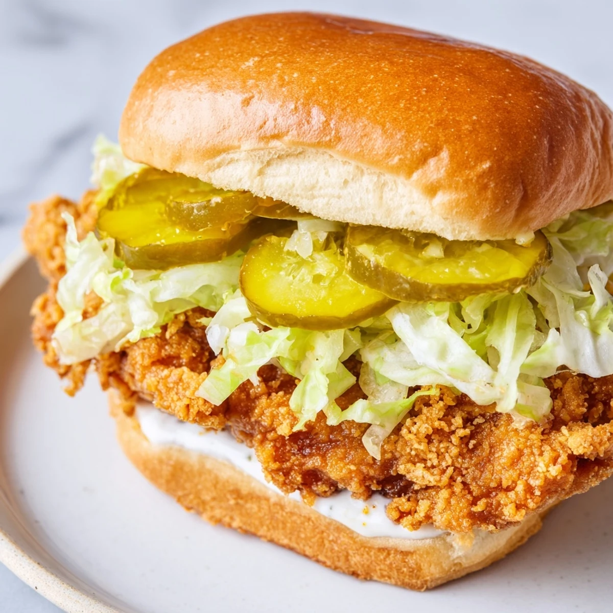 Bite into a crispy dill chicken sandwich with golden fried chicken, cool lettuce, and savory dill mayonnaise sauce.