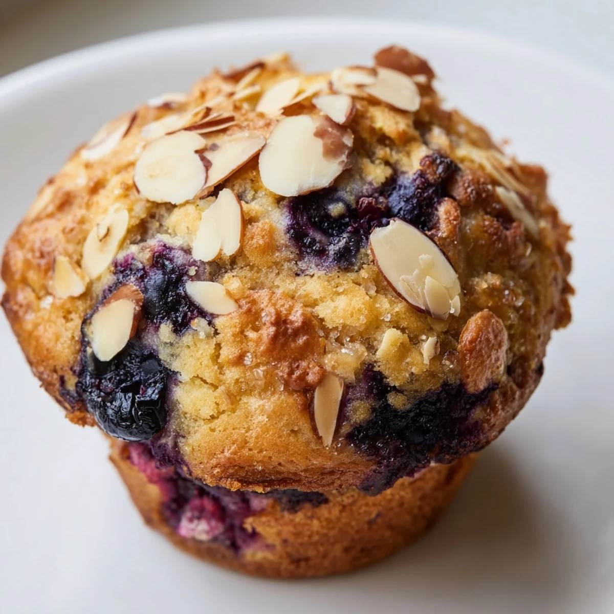 Golden almond flour blueberry muffins with Greek yogurt topped with juicy blueberries