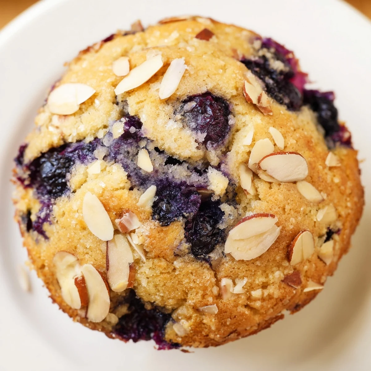 Freshly baked almond flour blueberry muffins bursting with berries on wooden board