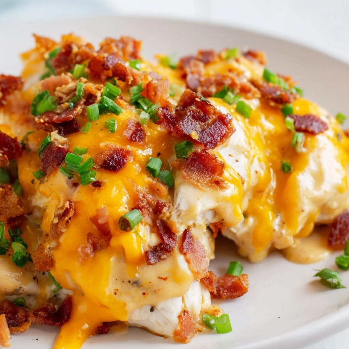 Golden baked crack chicken topped with melted cheddar cheese and crispy bacon crumbles