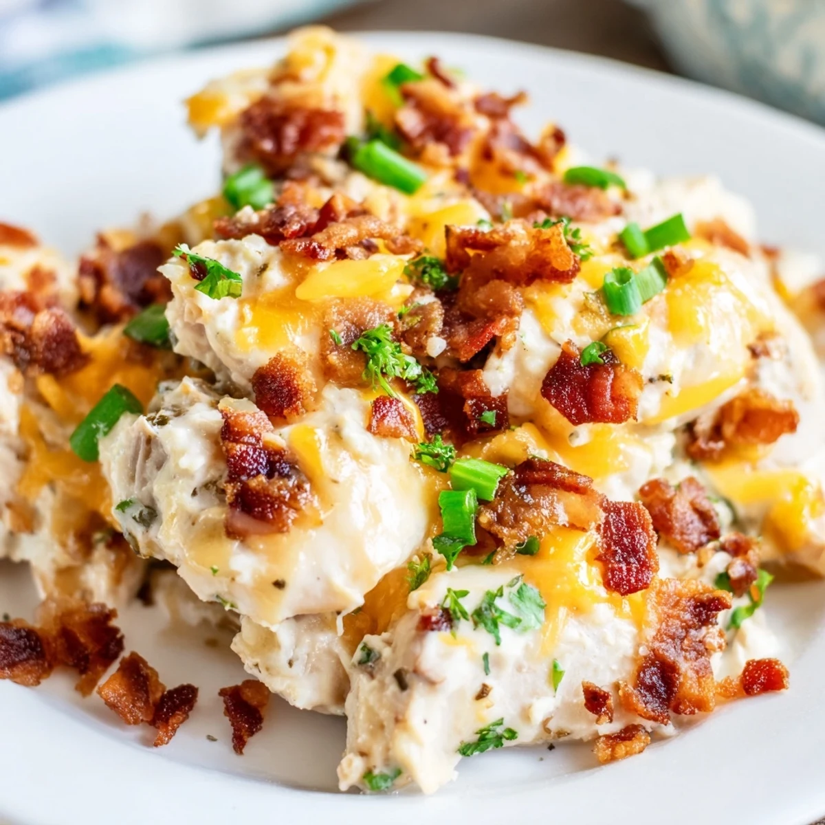 Creamy ranch seasoned baked chicken breasts loaded with cheesy goodness and crunchy bacon