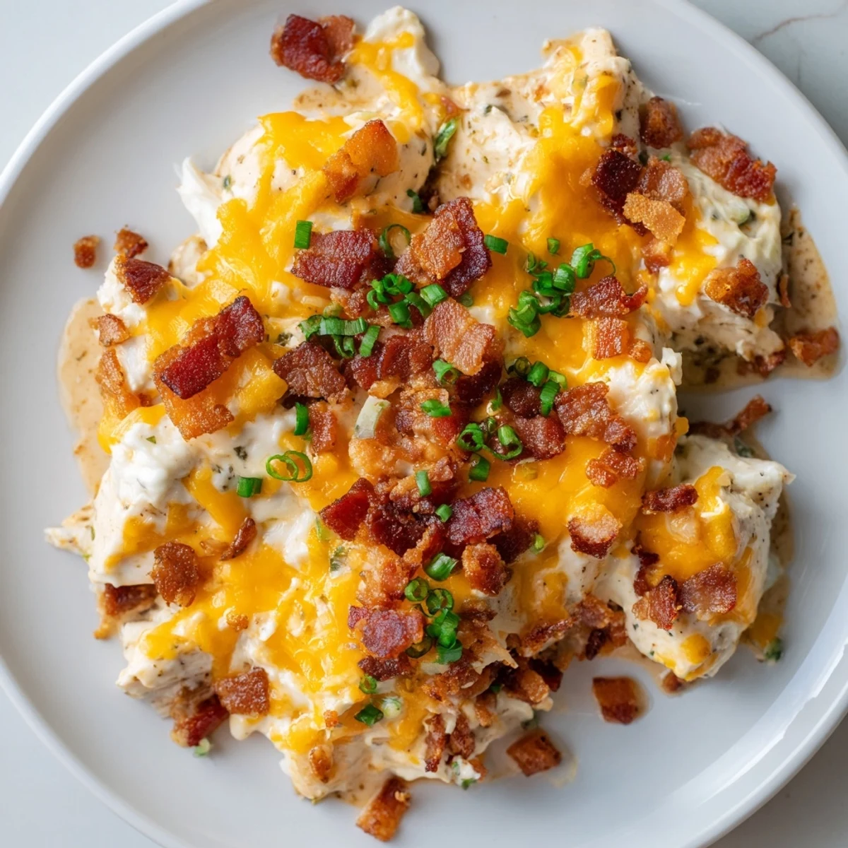 Oven baked crack chicken with bubbling cream cheese layer and golden cheddar bacon topping