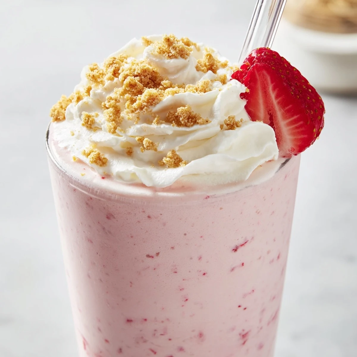 Creamy strawberry cheesecake milkshake garnished with crushed graham crackers and red berries