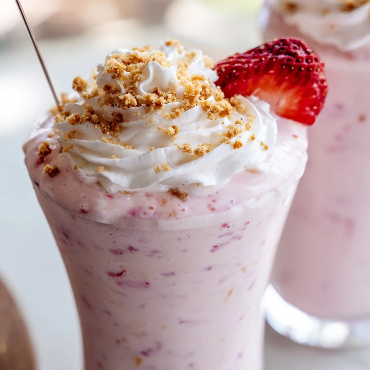 Thick strawberry cheesecake milkshake topped with whipped cream and fresh strawberry slices