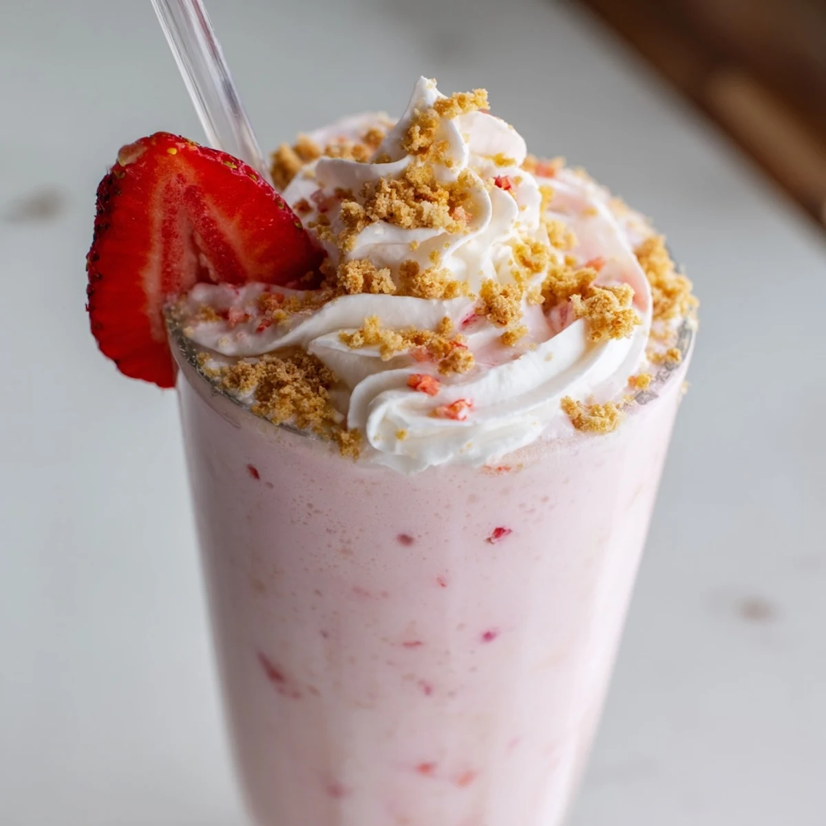 Rich pink strawberry cheesecake milkshake served in a chilled glass with white whipped cream topping