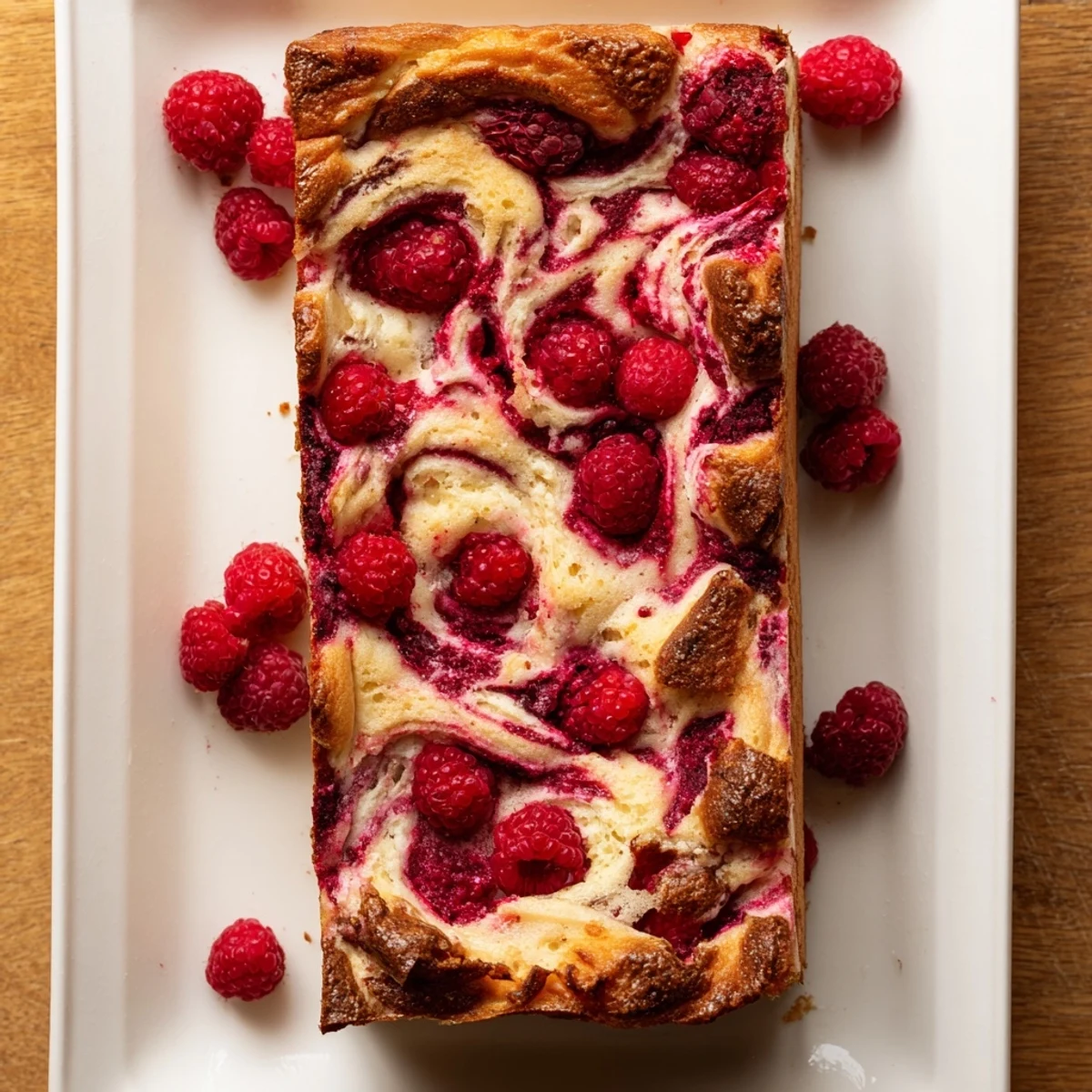 Golden brown sweet and tangy raspberry cheesecake sourdough focaccia topped with vibrant red berries and creamy swirls