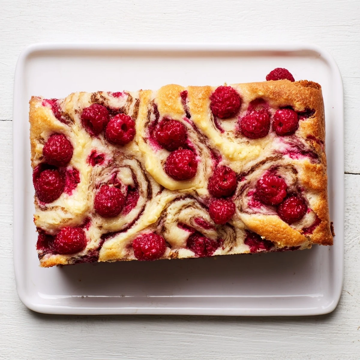 Slice of fluffy sweet and tangy raspberry cheesecake sourdough focaccia showcasing raspberry pockets and cheesecake marbling