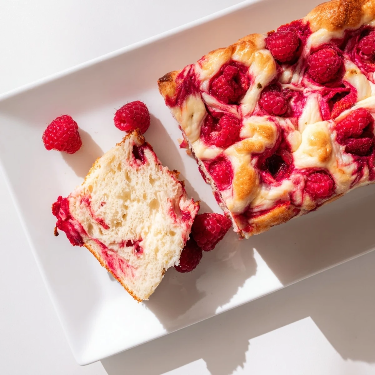 Baked sweet and tangy raspberry cheesecake sourdough focaccia drizzled with olive oil and scattered with fresh raspberries