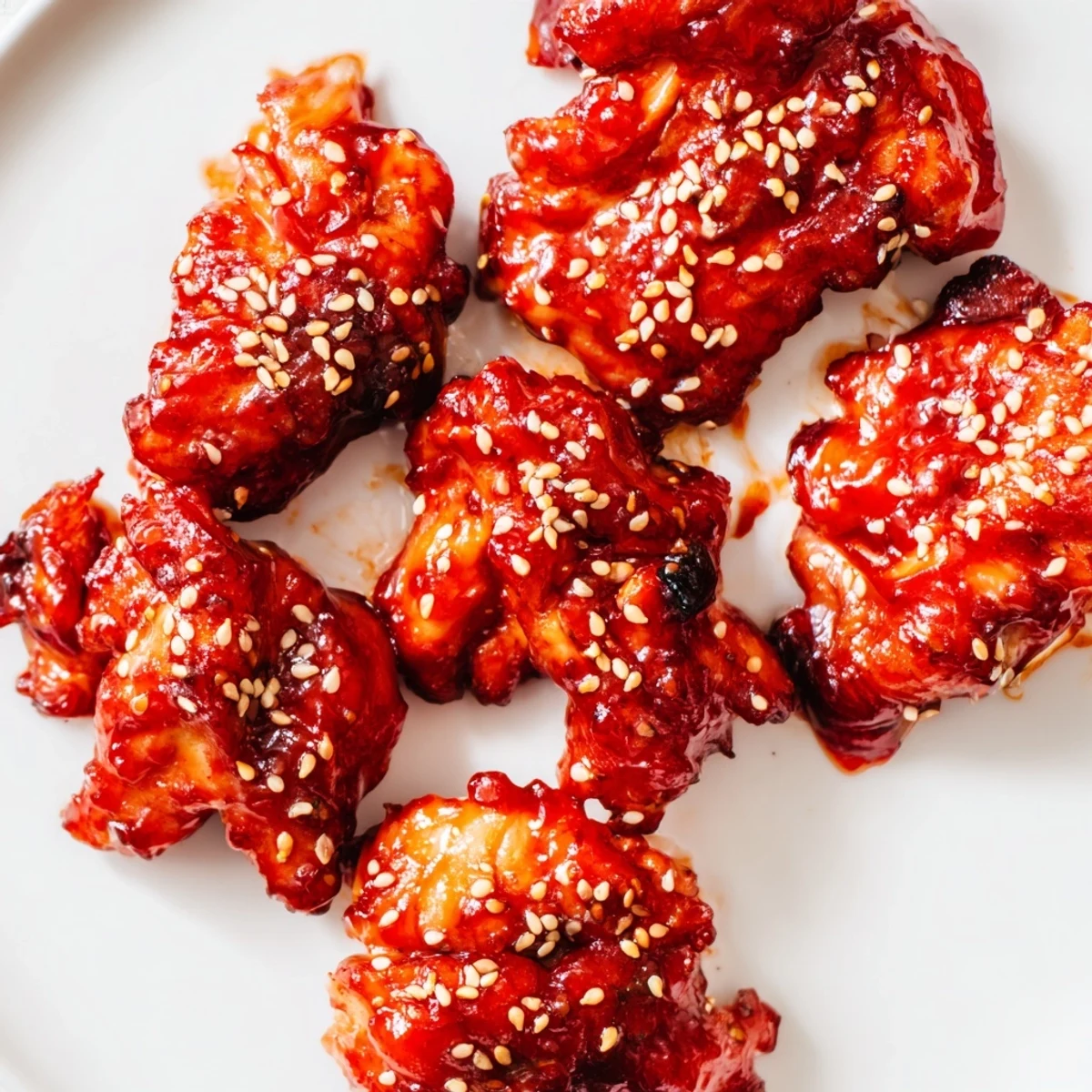 Gochujang chicken pieces glazed in spicy red sauce garnished with green onions and sesame seeds