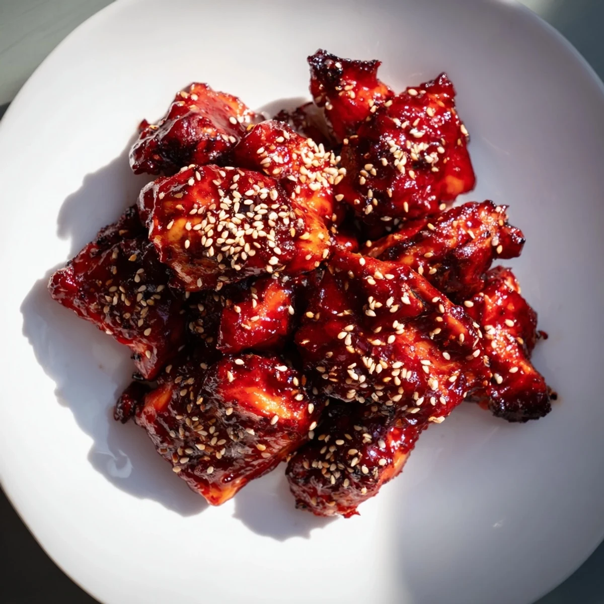 Tender gochujang chicken thighs caramelized to perfection served over fluffy white rice for dinner