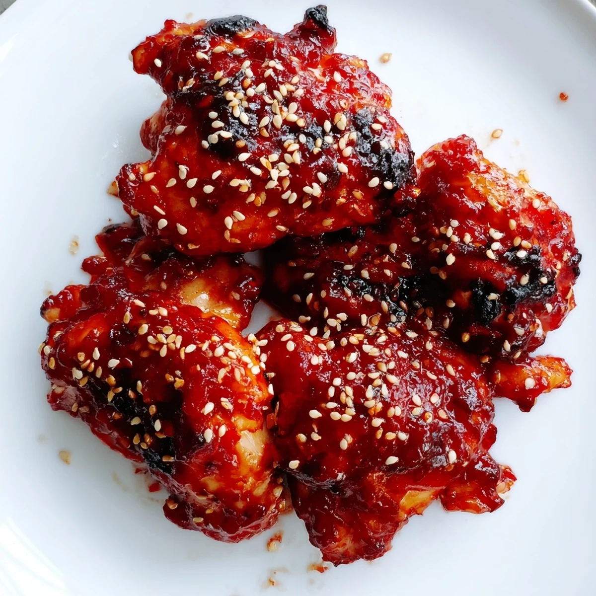 Korean-style gochujang chicken in a rich chili paste sauce topped with fresh scallions