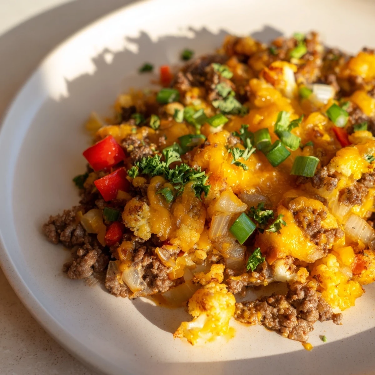 Golden cauliflower and seasoned ground beef hash sizzling in a cast iron skillet