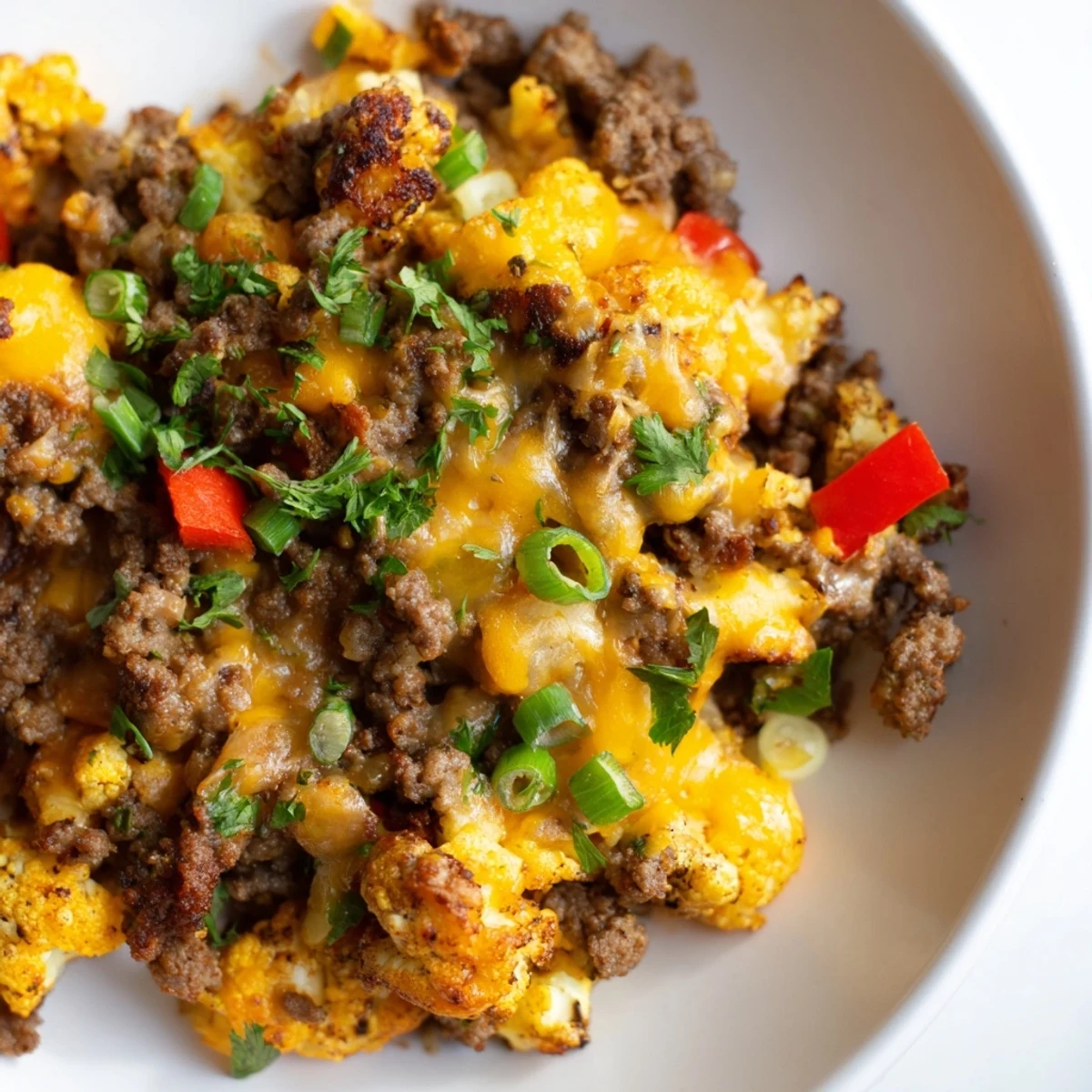 Low carb cauliflower and ground beef hash plated with fresh parsley garnish