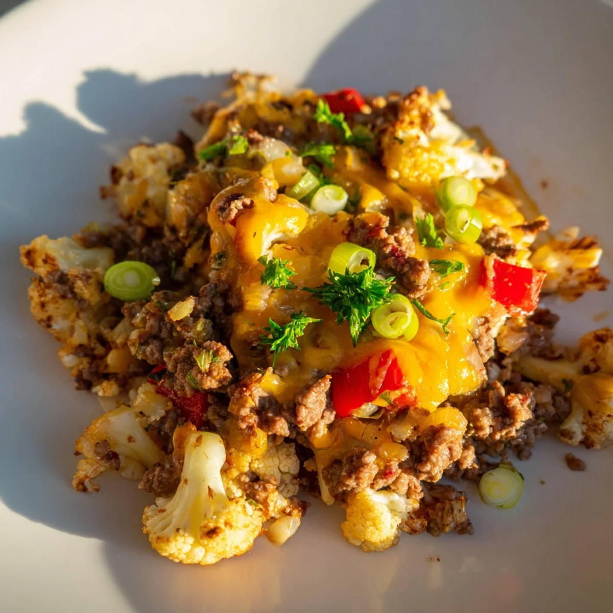 Hearty skillet breakfast hash featuring tender cauliflower florets mixed with browned ground beef
