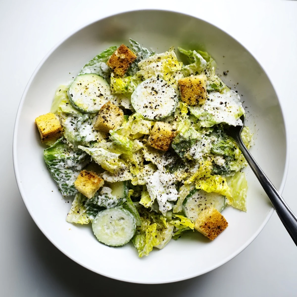 Fresh cucumber Caesar salad with crisp romaine, golden croutons, and creamy Parmesan dressing