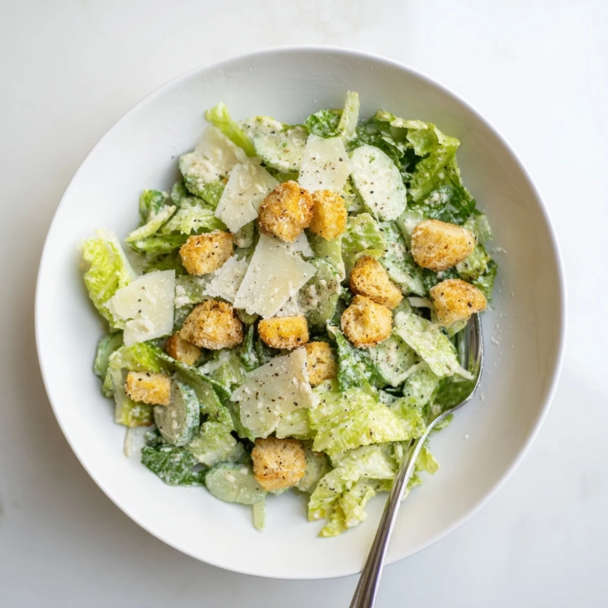 Refreshing cucumber Caesar salad bowl featuring crisp cucumbers, romaine lettuce, and creamy dressing