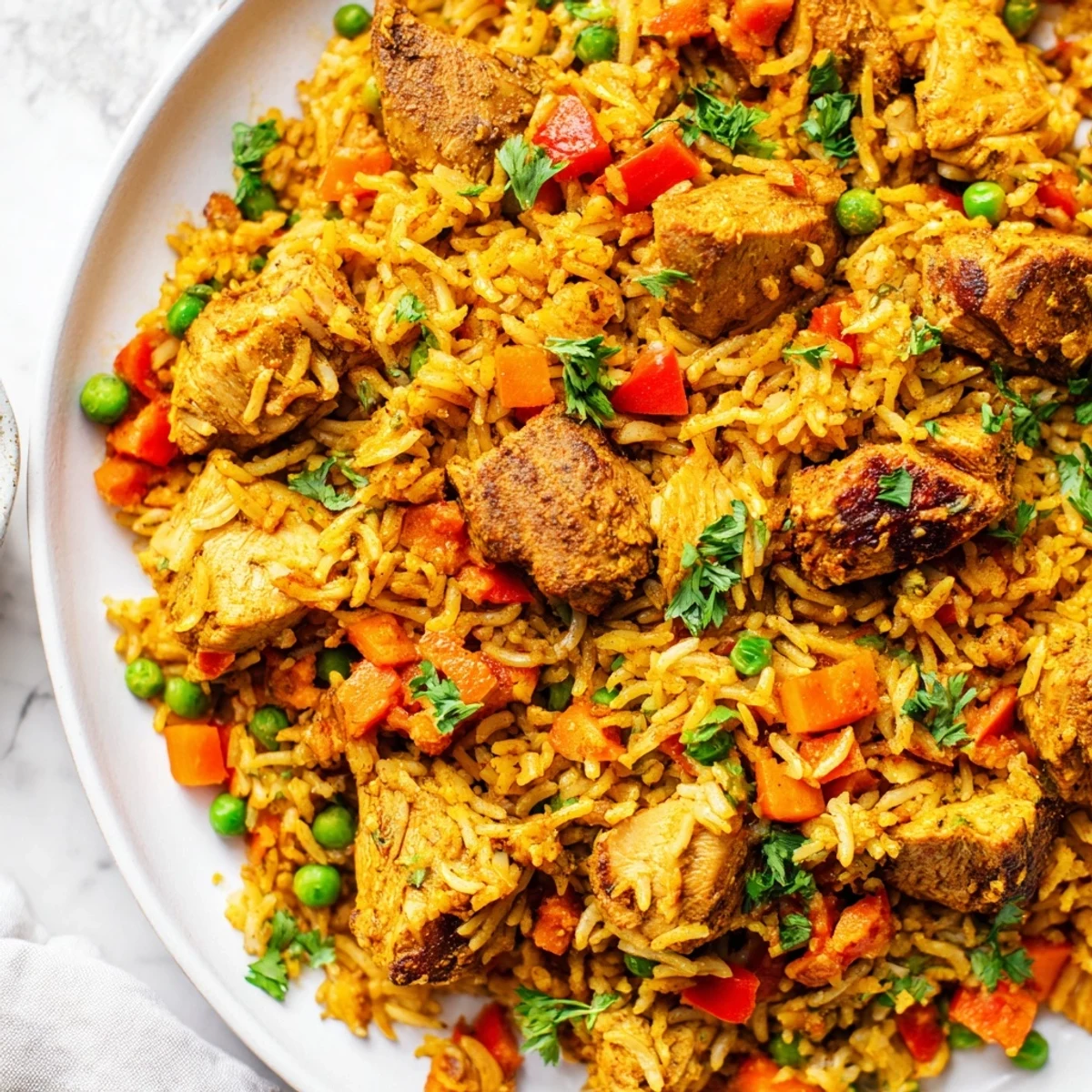 Golden one pot shawarma chicken and rice with tender spiced meat, fluffy grains, and colorful vegetables.