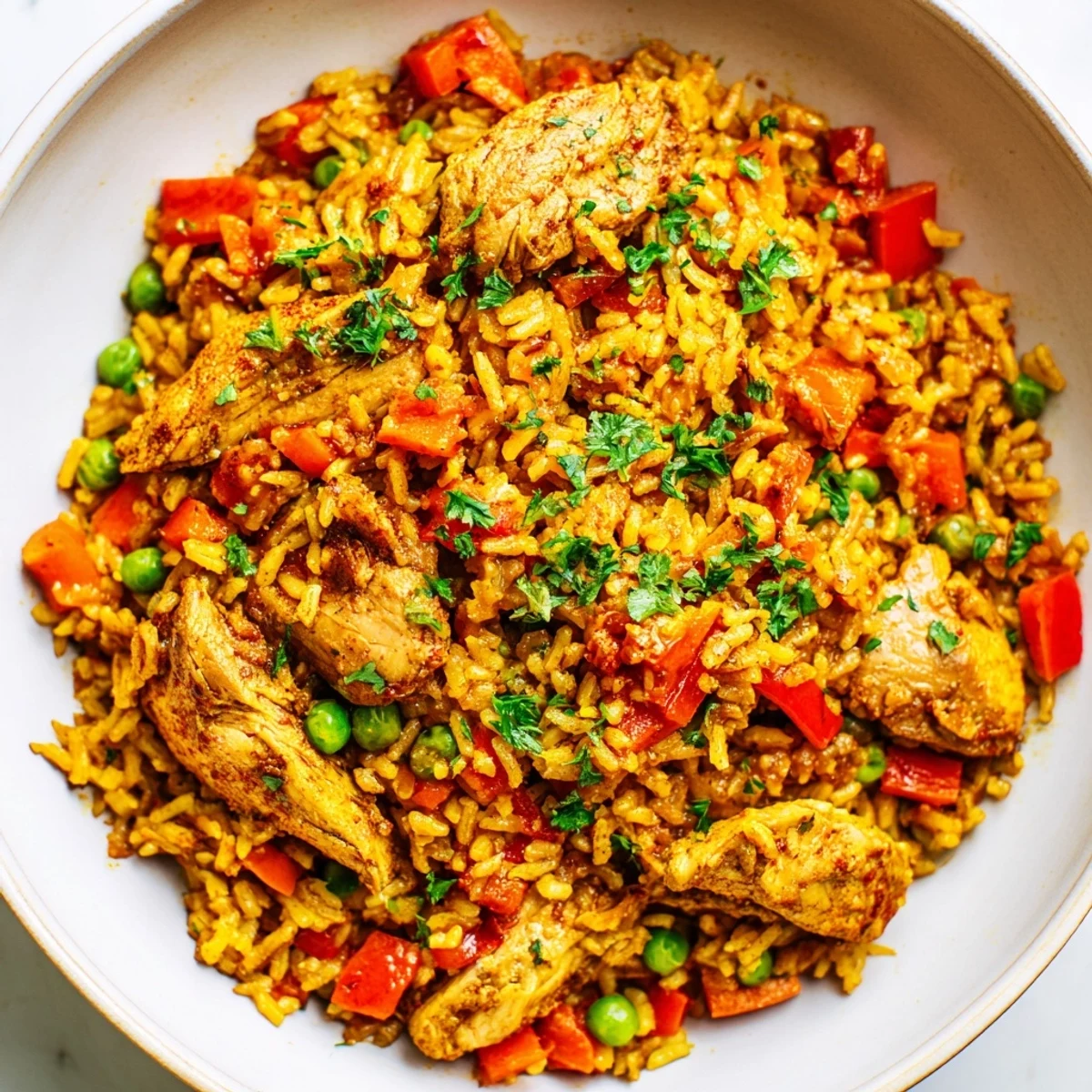 Savory Middle Eastern one pot shawarma chicken and rice dish with melted spices, peas, and yogurt topping.