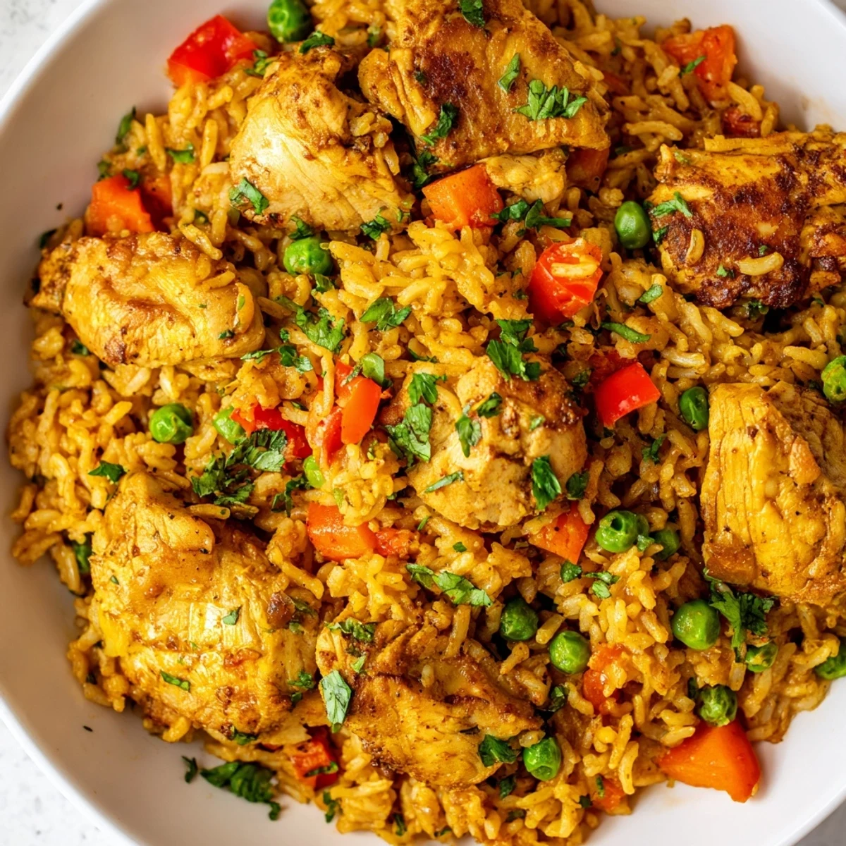 Steamy skillet of aromatic shawarma chicken and rice featuring browned meat pieces, vibrant veggies, and fresh parsley garnish.