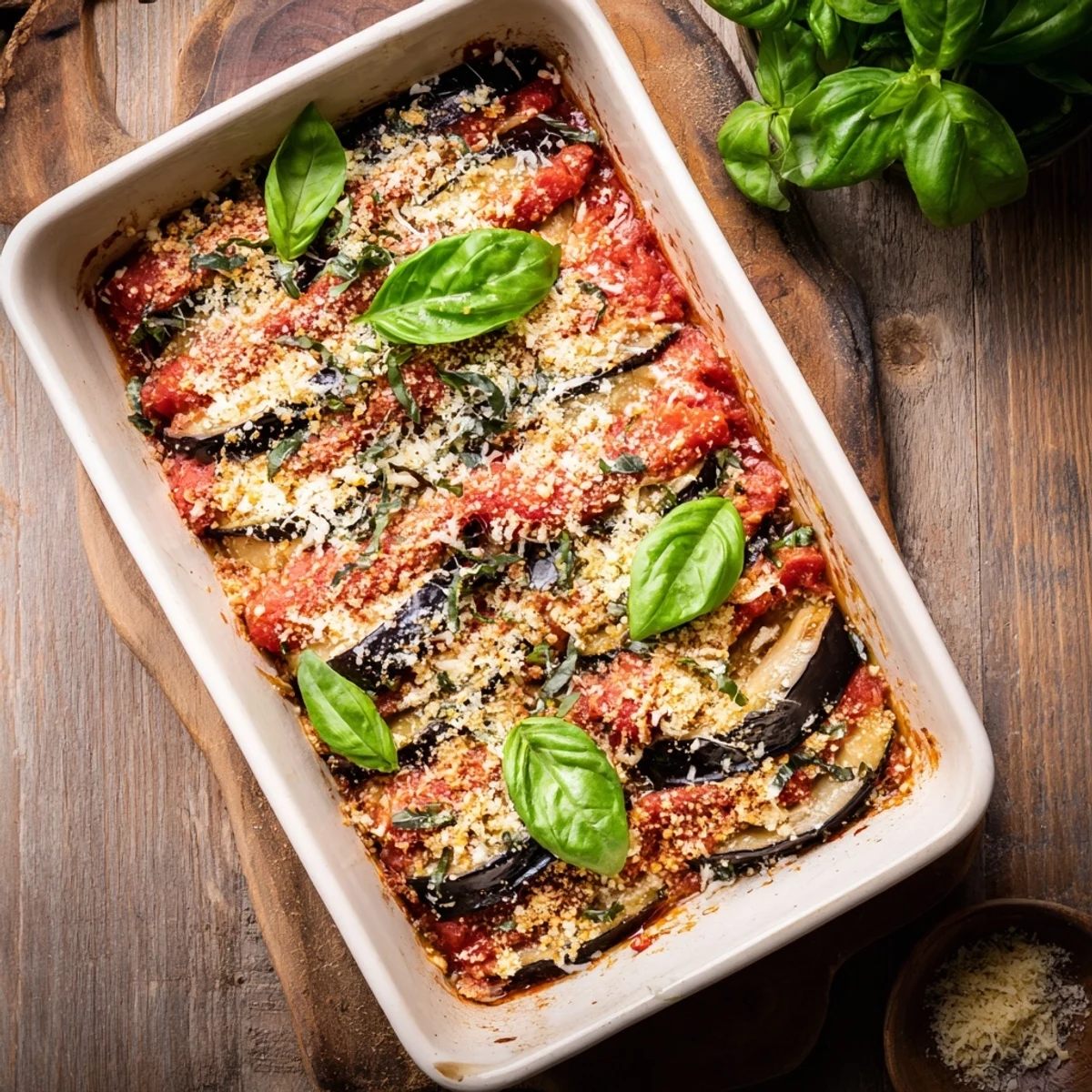 Golden ricotta eggplant casserole with bubbling mozzarella and fresh basil garnish