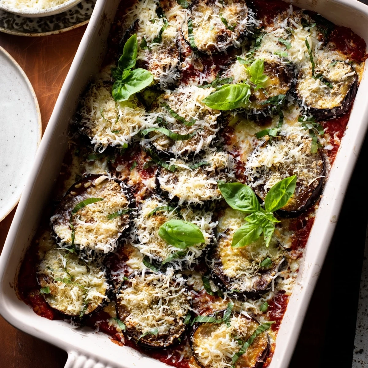 Baked ricotta eggplant casserole fresh from the oven with melted cheese topping