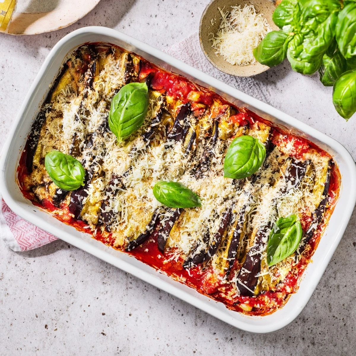 Layered ricotta eggplant casserole featuring roasted eggplant slices sandwiching creamy cheese filling