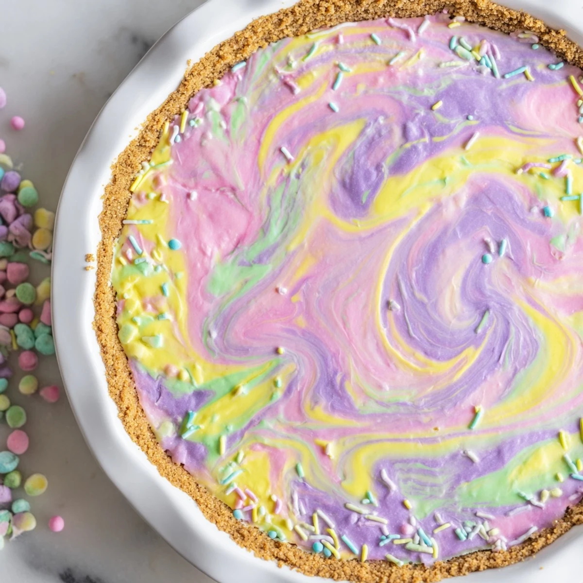 Slice of Easter Swirl Pie showing pastel marbled cream cheese filling in cookie crust